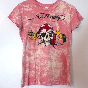 Ed Hardy Women’s Small Pink Tie Dye Skull Pirate Y2K Graphic Tee Christian Audig